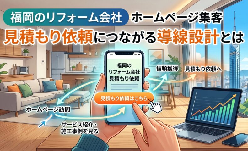 福岡のリフォーム会社ホームページ集客を解説するイラスト。スマートフォンで見積もり依頼ボタンを操作する手と、ホームページ訪問から信頼獲得・見積もり依頼へと至る導線フロー、右上に福岡タワーと集客グラフを配置したアイキャッチ画像