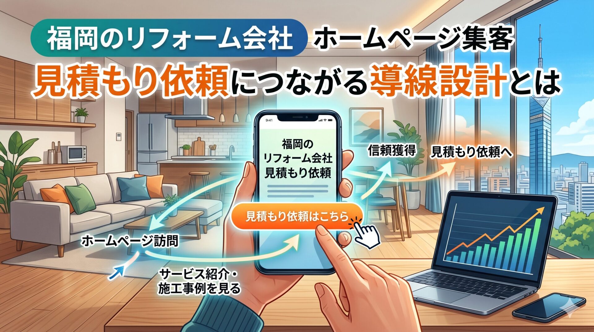 福岡のリフォーム会社ホームページ集客を解説するイラスト。スマートフォンで見積もり依頼ボタンを操作する手と、ホームページ訪問から信頼獲得・見積もり依頼へと至る導線フロー、右上に福岡タワーと集客グラフを配置したアイキャッチ画像