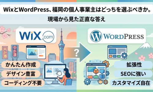 福岡の個人事業主向けにWixとWordPressの特徴を比較した図解。Wixはかんたん作成・デザイン豊富・コーディング不要、WordPressは拡張性・SEOに強い・カスタマイズ自在と整理したアイキャッチ画像