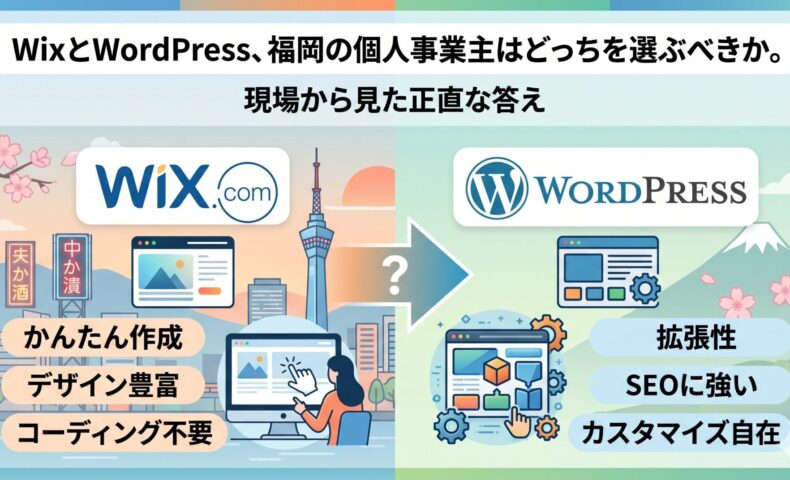 福岡の個人事業主向けにWixとWordPressの特徴を比較した図解。Wixはかんたん作成・デザイン豊富・コーディング不要、WordPressは拡張性・SEOに強い・カスタマイズ自在と整理したアイキャッチ画像