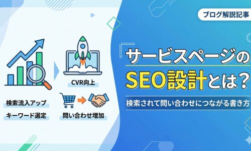 サービスページのSEO設計を解説するブログ記事のアイキャッチ画像。検索流入アップ・キーワード選定・CVR向上・問い合わせ増加の4つの成果をアイコンで図解し、「サービスページのSEO設計とは？検索されて問い合わせにつながる書き方」のタイトルを青系グラデーション背景に配置したデザイン。
