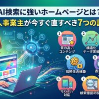 AI検索に強いホームページとは？個人事業主が今すぐ直すべき7つの設計ポイントを図解したアイキャッチ画像。質の高いコンテンツ・構造化データ実装・ユーザー体験の向上・信頼性の構築・表示速度の高速化・モバイル対応・検索意図の反映の7項目を図示。