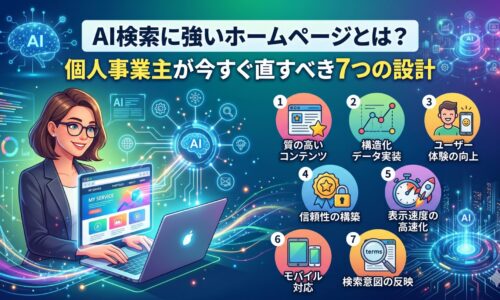 AI検索に強いホームページとは？個人事業主が今すぐ直すべき7つの設計ポイントを図解したアイキャッチ画像。質の高いコンテンツ・構造化データ実装・ユーザー体験の向上・信頼性の構築・表示速度の高速化・モバイル対応・検索意図の反映の7項目を図示。