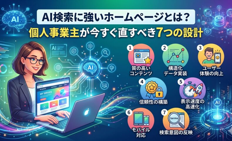 AI検索に強いホームページとは？個人事業主が今すぐ直すべき7つの設計ポイントを図解したアイキャッチ画像。質の高いコンテンツ・構造化データ実装・ユーザー体験の向上・信頼性の構築・表示速度の高速化・モバイル対応・検索意図の反映の7項目を図示。