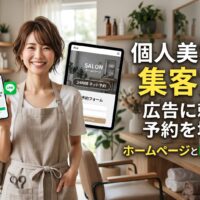 個人美容室のオーナースタイリストがLINE予約確認画面のスマートフォンとサロンホームページ・24時間ネット予約フォームを表示したタブレットを両手に持ち、広告に頼らず予約を増やす集客方法を紹介するアイキャッチ画像