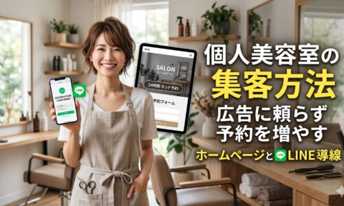 個人美容室のオーナースタイリストがLINE予約確認画面のスマートフォンとサロンホームページ・24時間ネット予約フォームを表示したタブレットを両手に持ち、広告に頼らず予約を増やす集客方法を紹介するアイキャッチ画像