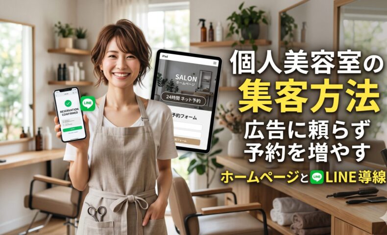 個人美容室のオーナースタイリストがLINE予約確認画面のスマートフォンとサロンホームページ・24時間ネット予約フォームを表示したタブレットを両手に持ち、広告に頼らず予約を増やす集客方法を紹介するアイキャッチ画像