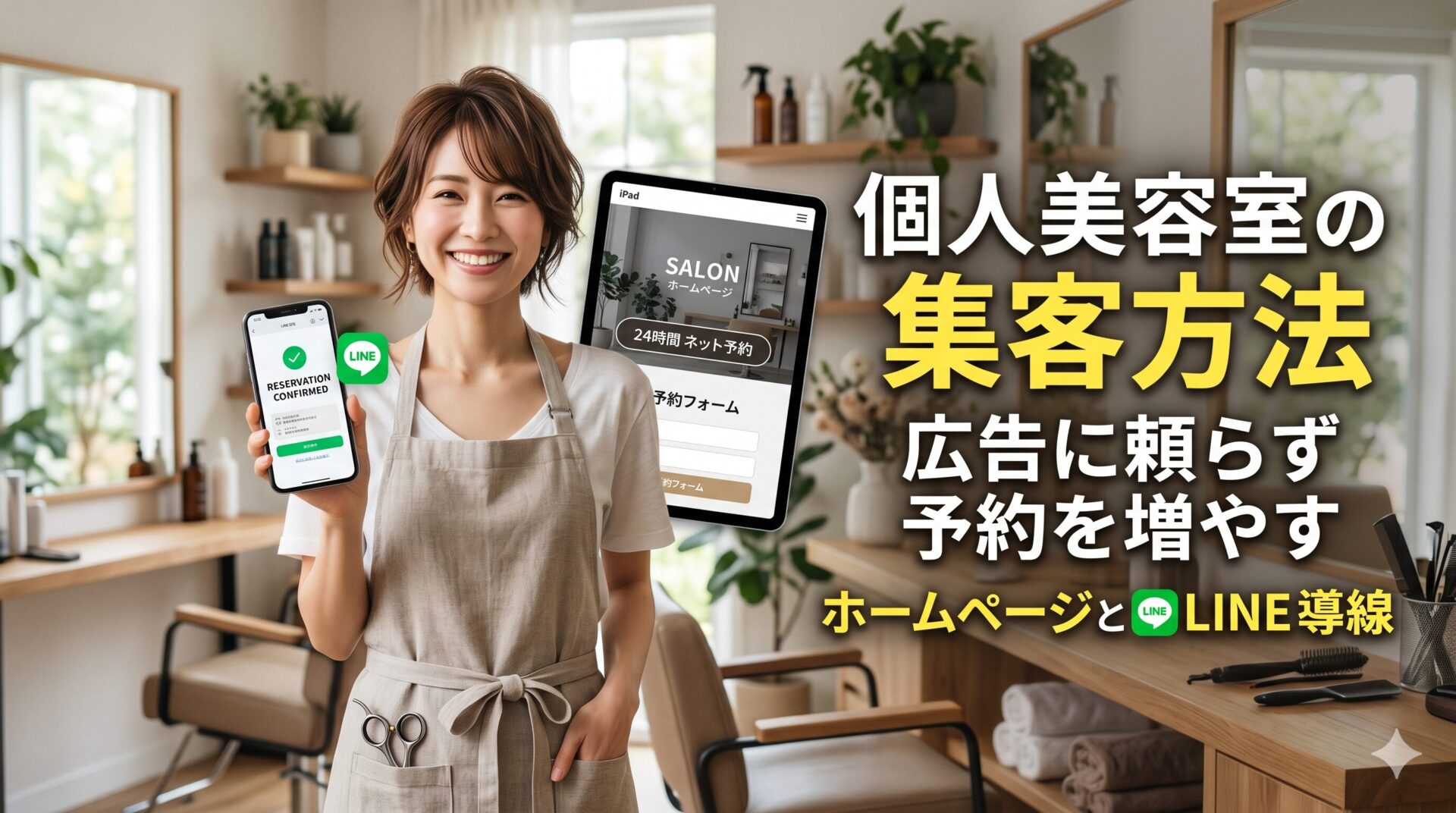 個人美容室のオーナースタイリストがLINE予約確認画面のスマートフォンとサロンホームページ・24時間ネット予約フォームを表示したタブレットを両手に持ち、広告に頼らず予約を増やす集客方法を紹介するアイキャッチ画像