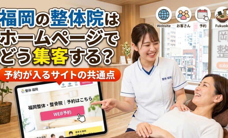 福岡の整体院スタッフが施術中の患者にホームページの予約画面を見せており、集客と予約導線の設計を表現したアイキャッチ画像