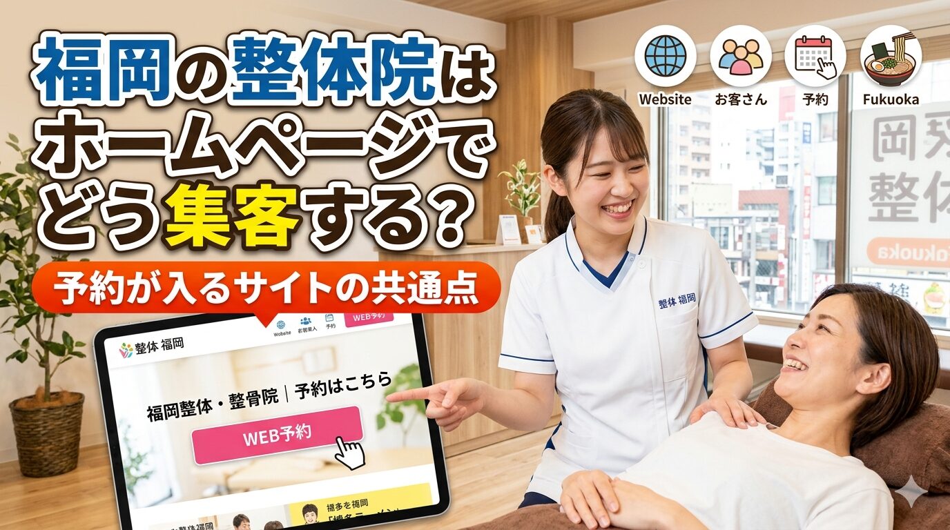 福岡の整体院スタッフが施術中の患者にホームページの予約画面を見せており、集客と予約導線の設計を表現したアイキャッチ画像