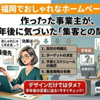 福岡でおしゃれなホームページを作った事業主が6ヶ月経過後に集客できないと悩む屋台店主のイラスト。目的・ターゲット・集客戦略の4項目チェックリストを図解