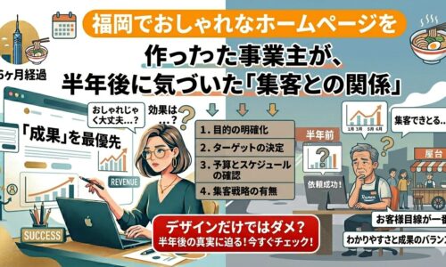 福岡でおしゃれなホームページを作った事業主が6ヶ月経過後に集客できないと悩む屋台店主のイラスト。目的・ターゲット・集客戦略の4項目チェックリストを図解