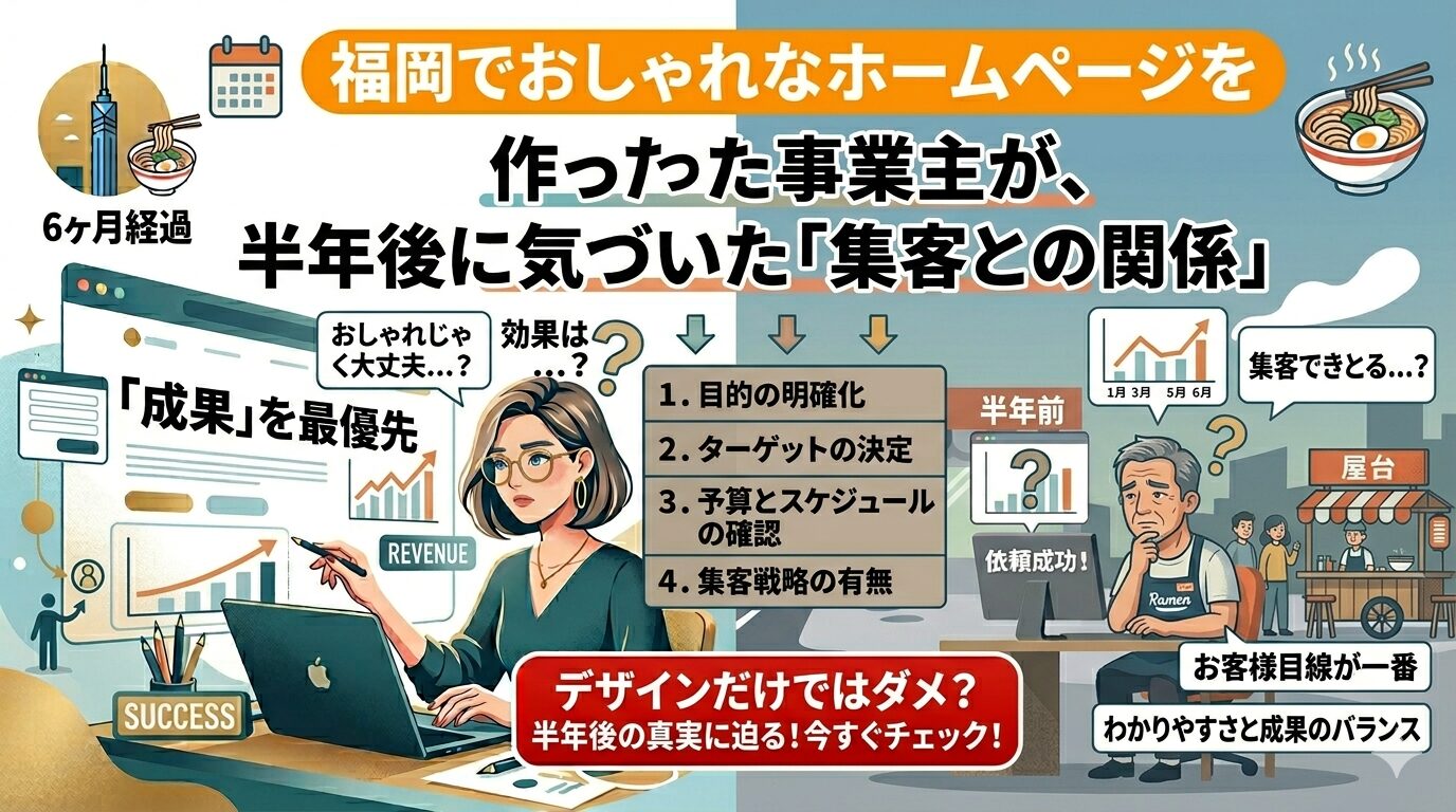 福岡でおしゃれなホームページを作った事業主が6ヶ月経過後に集客できないと悩む屋台店主のイラスト。目的・ターゲット・集客戦略の4項目チェックリストを図解