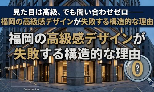 福岡の高級感ホームページデザインが問い合わせゼロになる構造的な失敗理由を、高級ビル外観とコンバージョン率グラフで図解したアイキャッチ画像