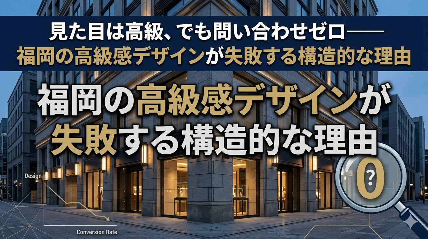 福岡の高級感ホームページデザインが問い合わせゼロになる構造的な失敗理由を、高級ビル外観とコンバージョン率グラフで図解したアイキャッチ画像