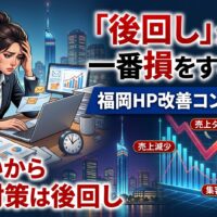 忙しい女性事業主がPCの前で頭を抱え、WEB対策を後回しにした結果、売上・集客・顧客が減少していく様子を図解したアイキャッチ画像。福岡HP改善コンサル解説。