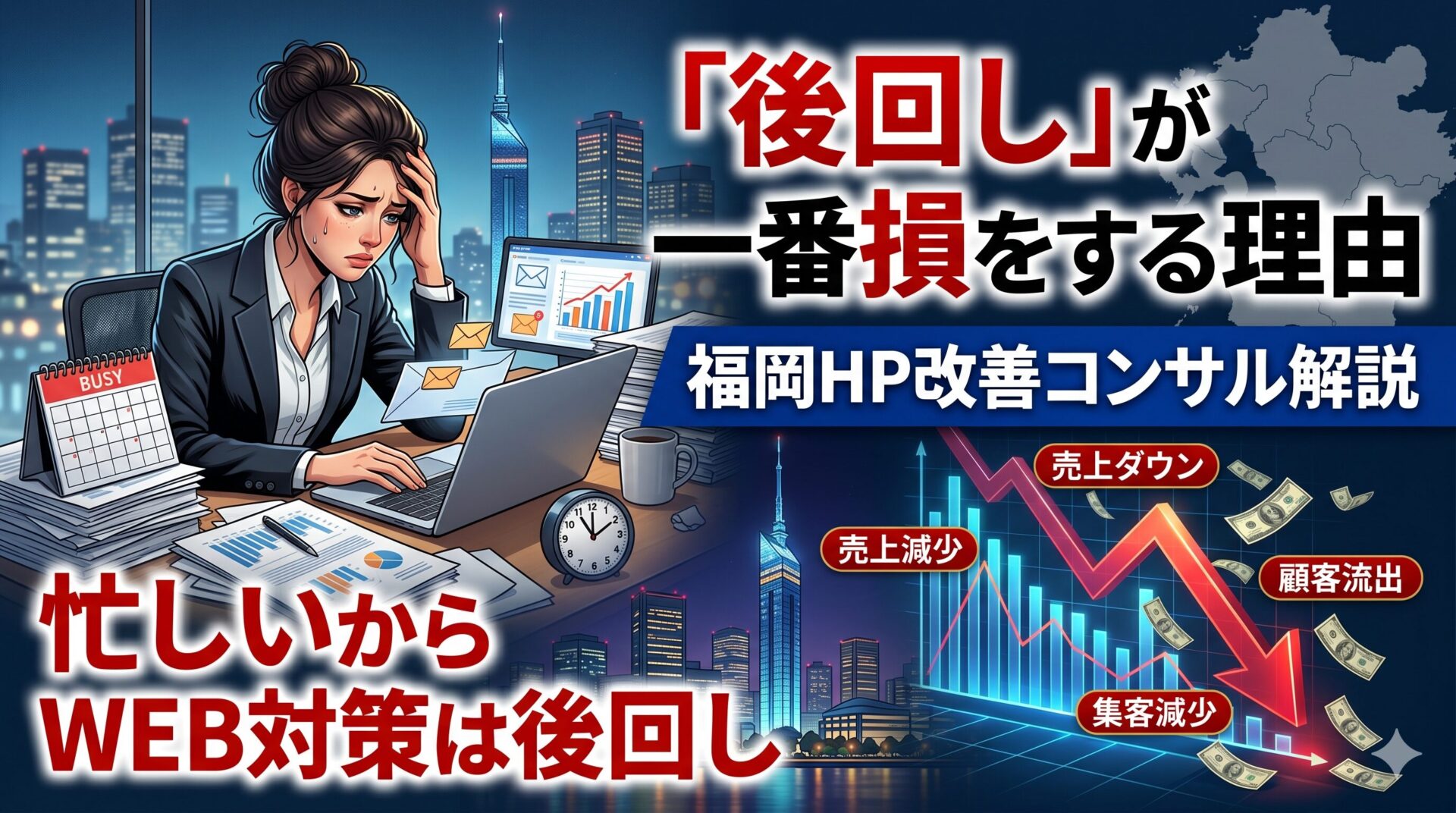 忙しい女性事業主がPCの前で頭を抱え、WEB対策を後回しにした結果、売上・集客・顧客が減少していく様子を図解したアイキャッチ画像。福岡HP改善コンサル解説。