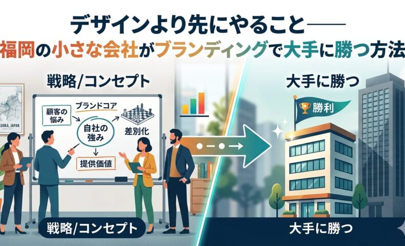 福岡の小さな会社がブランディング戦略（顧客の悩み・自社の強み・差別化・提供価値）を設計し、大手に勝つ方法を図解したアイキャッチ画像