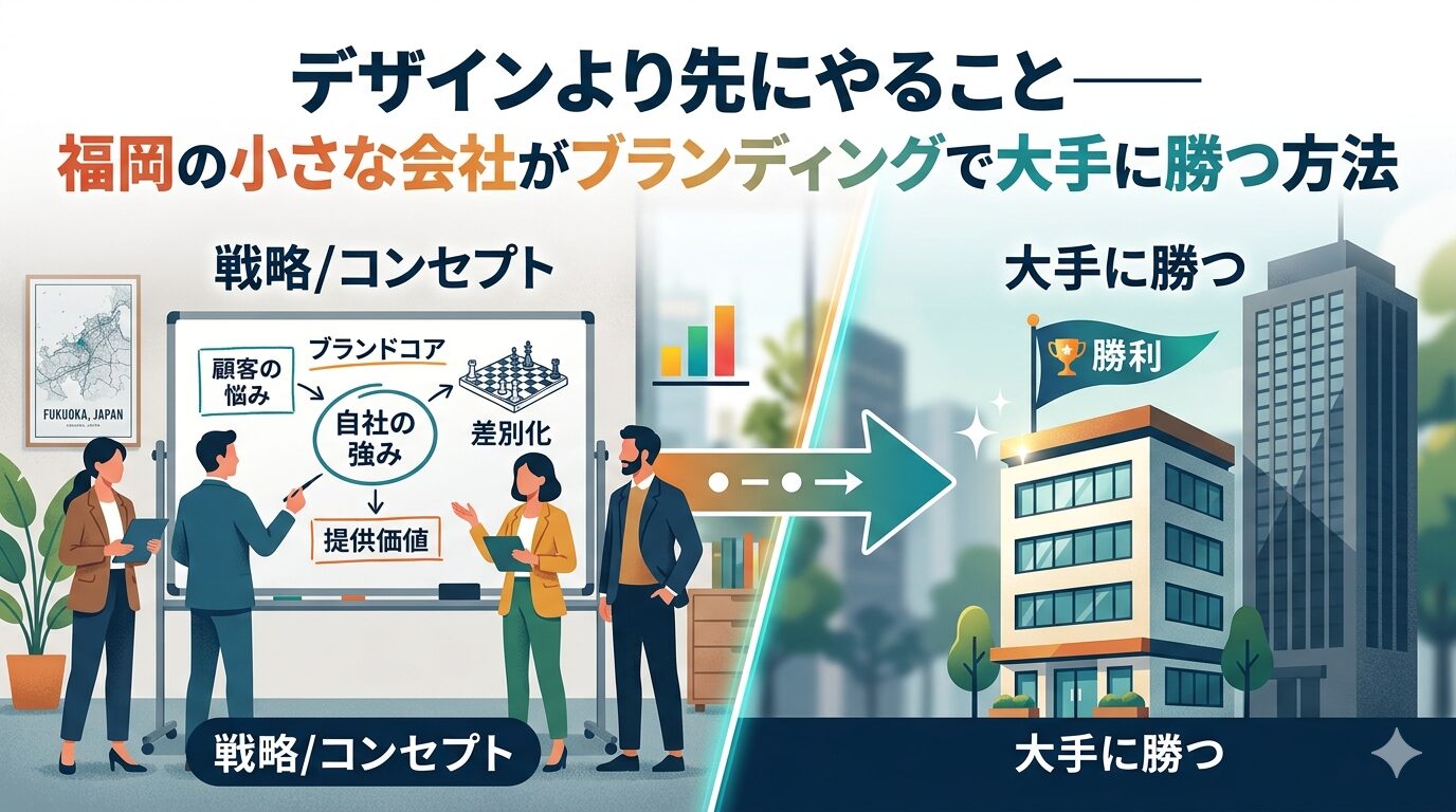 福岡の小さな会社がブランディング戦略（顧客の悩み・自社の強み・差別化・提供価値）を設計し、大手に勝つ方法を図解したアイキャッチ画像