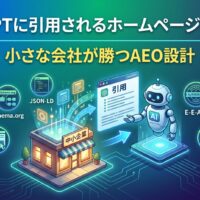 ChatGPTに引用されるホームページの作り方｜小さな会社が勝つAEO設計を図解したアイキャッチ画像。中小企業の店舗からSchema.org・JSON-LD・E-E-A-Tの技術要素を経由してChatGPTのAIロボットに引用される流れを図示。