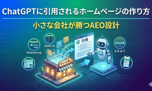ChatGPTに引用されるホームページの作り方｜小さな会社が勝つAEO設計を図解したアイキャッチ画像。中小企業の店舗からSchema.org・JSON-LD・E-E-A-Tの技術要素を経由してChatGPTのAIロボットに引用される流れを図示。