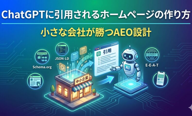 ChatGPTに引用されるホームページの作り方｜小さな会社が勝つAEO設計を図解したアイキャッチ画像。中小企業の店舗からSchema.org・JSON-LD・E-E-A-Tの技術要素を経由してChatGPTのAIロボットに引用される流れを図示。