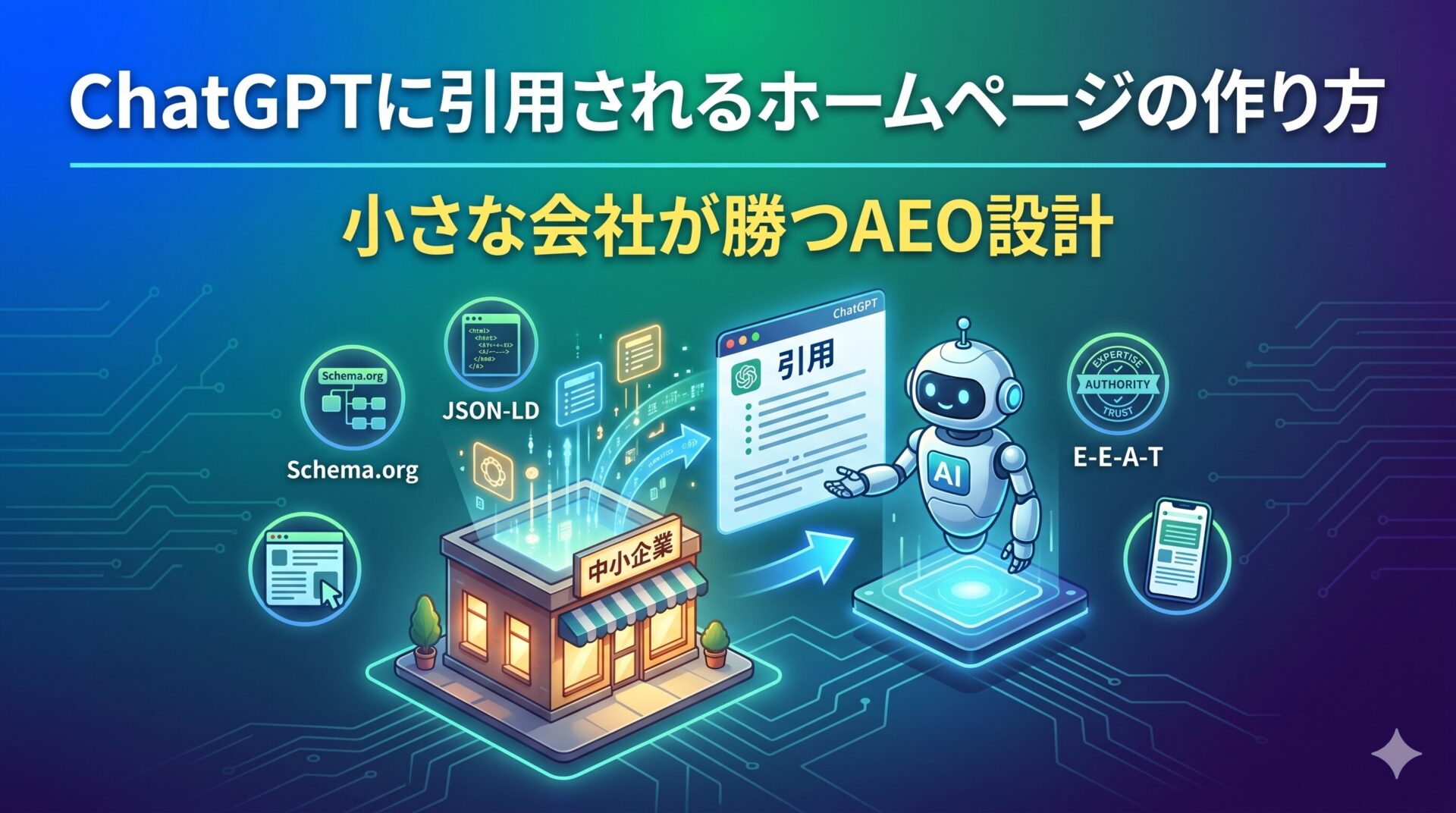 ChatGPTに引用されるホームページの作り方|小さな会社が勝つAEO設計を図解したアイキャッチ画像。中小企業の店舗からSchema.org・JSON-LD・E-E-A-Tの技術要素を経由してChatGPTのAIロボットに引用される流れを図示。