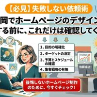 福岡でホームページのデザイン依頼前に確認すべき4つのチェック項目と依頼成功後に集客できた男性のイラスト画像