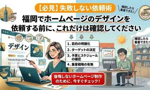 福岡でホームページのデザイン依頼前に確認すべき4つのチェック項目と依頼成功後に集客できた男性のイラスト画像