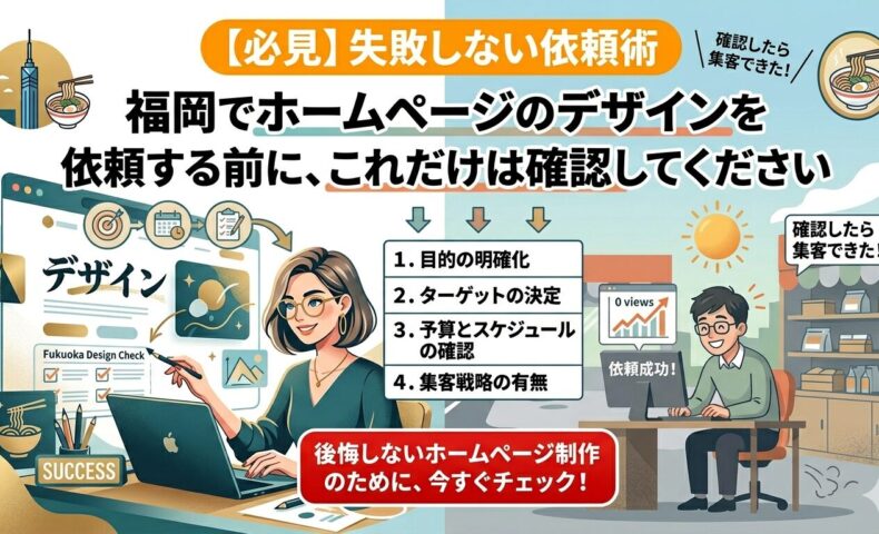 福岡でホームページのデザイン依頼前に確認すべき4つのチェック項目と依頼成功後に集客できた男性のイラスト画像