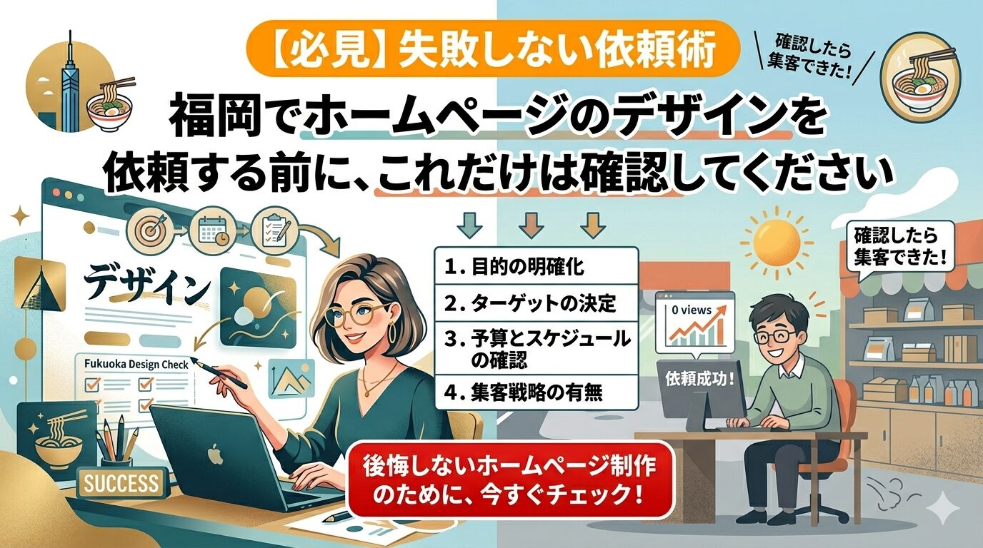 福岡でホームページのデザイン依頼前に確認すべき4つのチェック項目と依頼成功後に集客できた男性のイラスト画像
