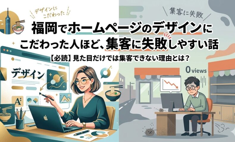 福岡でホームページのデザインにこだわった女性と集客に失敗した男性を対比したイラスト画像