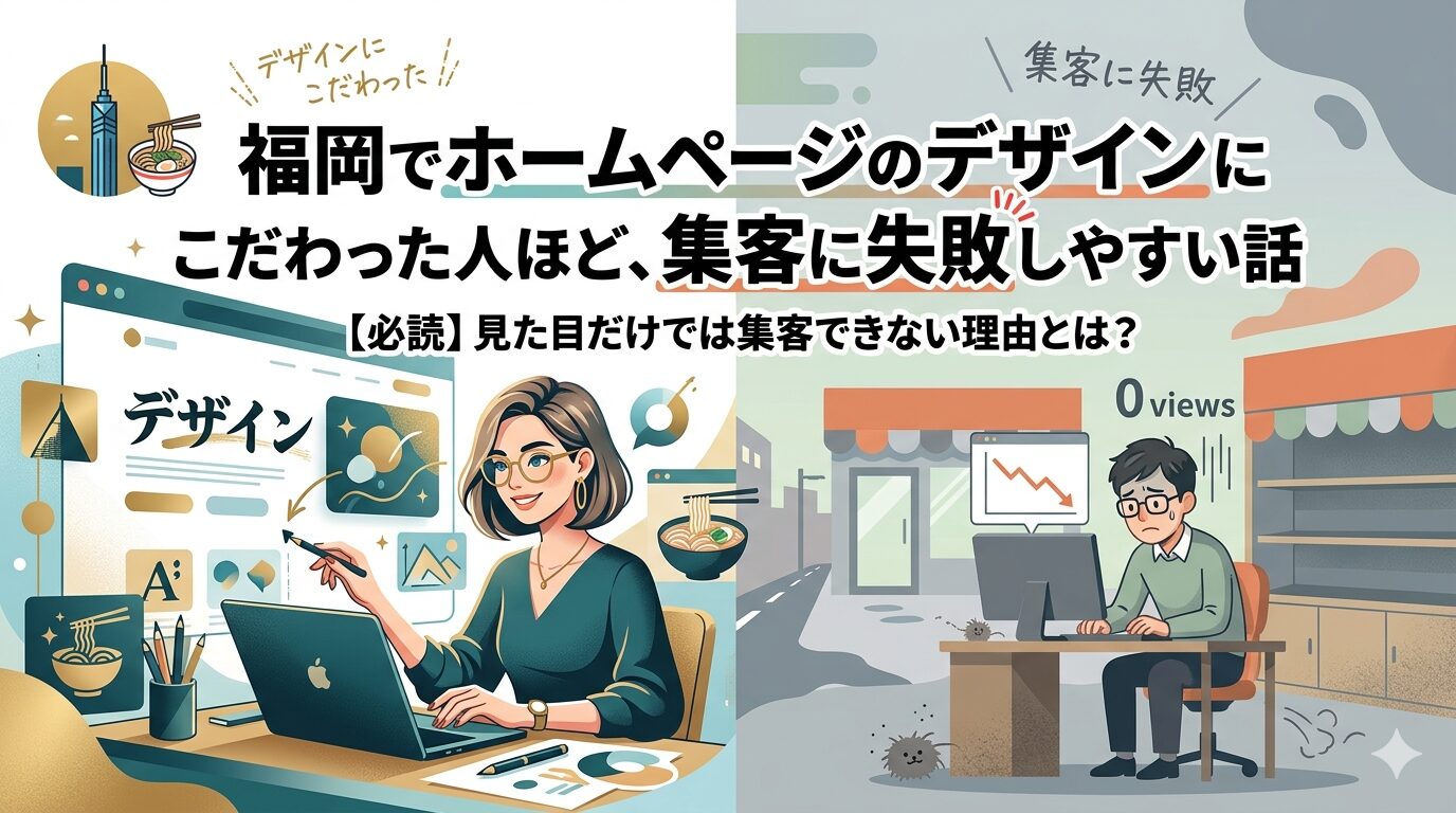 福岡でホームページのデザインにこだわった女性と集客に失敗した男性を対比したイラスト画像