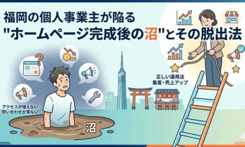 福岡の個人事業主がホームページ完成後に集客できず沼にはまっている様子と、正しい運用法で脱出できることを表したイラスト画像