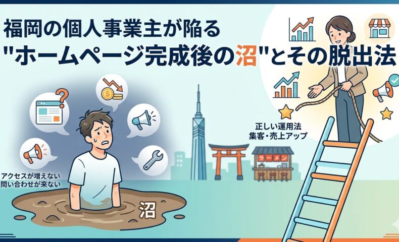 福岡の個人事業主がホームページ完成後に集客できず沼にはまっている様子と、正しい運用法で脱出できることを表したイラスト画像