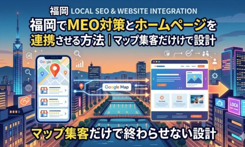 福岡でMEO対策とホームページを連携させる仕組みを、Googleマップからサイトへの導線で図解したアイキャッチ画像