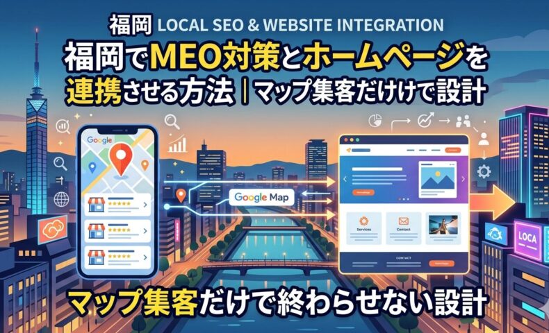 福岡でMEO対策とホームページを連携させる仕組みを、Googleマップからサイトへの導線で図解したアイキャッチ画像