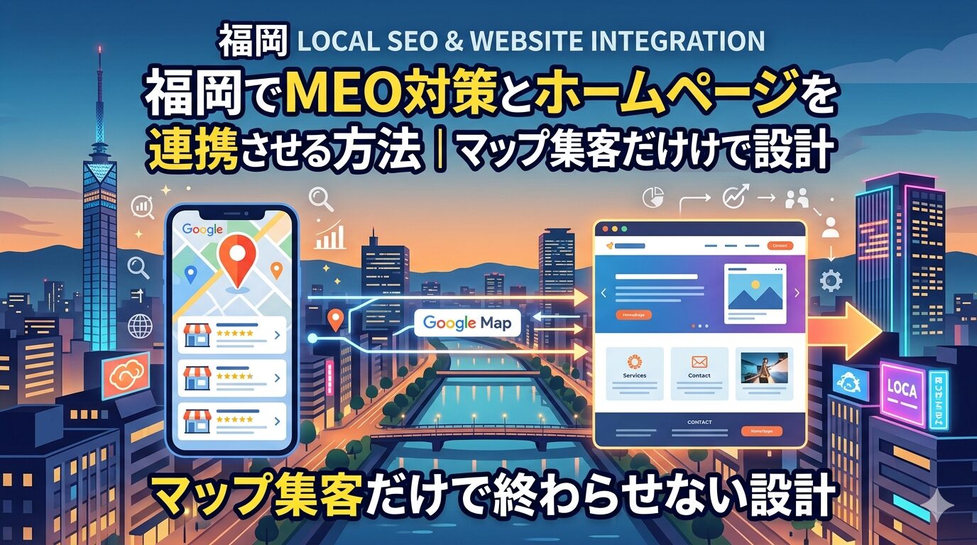 福岡でMEO対策とホームページを連携させる仕組みを、Googleマップからサイトへの導線で図解したアイキャッチ画像