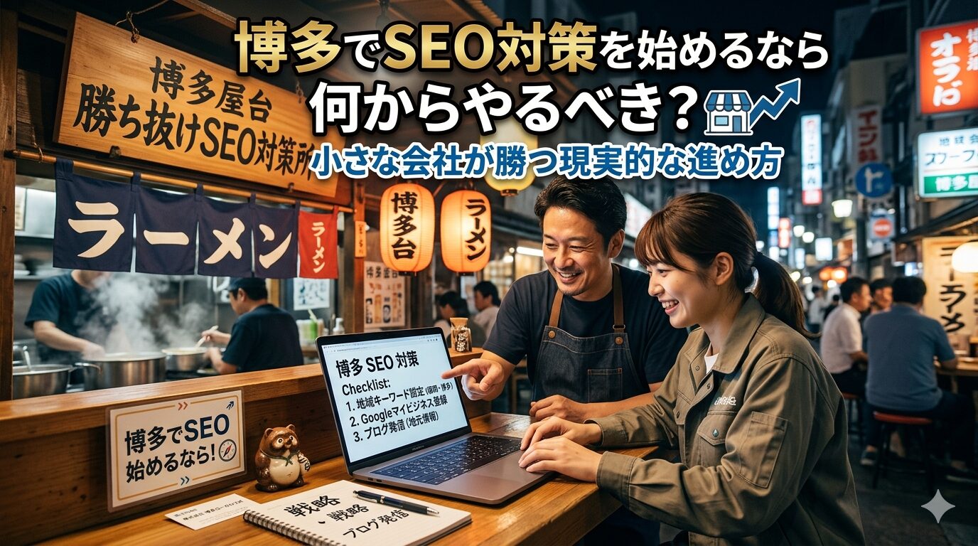 博多の屋台街を背景に、事業主とコンサルタントがノートパソコンの博多SEO対策チェックリストを確認している場面を表現したアイキャッチ画像