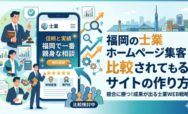 福岡の士業向けホームページ集客を解説するイラスト。弁護士・士業事務所のスマートフォンサイトと検索上位グラフ、無料相談ボタン、福岡の街並みを組み合わせた比較検討中の顧客に選ばれるWeb戦略イメージ