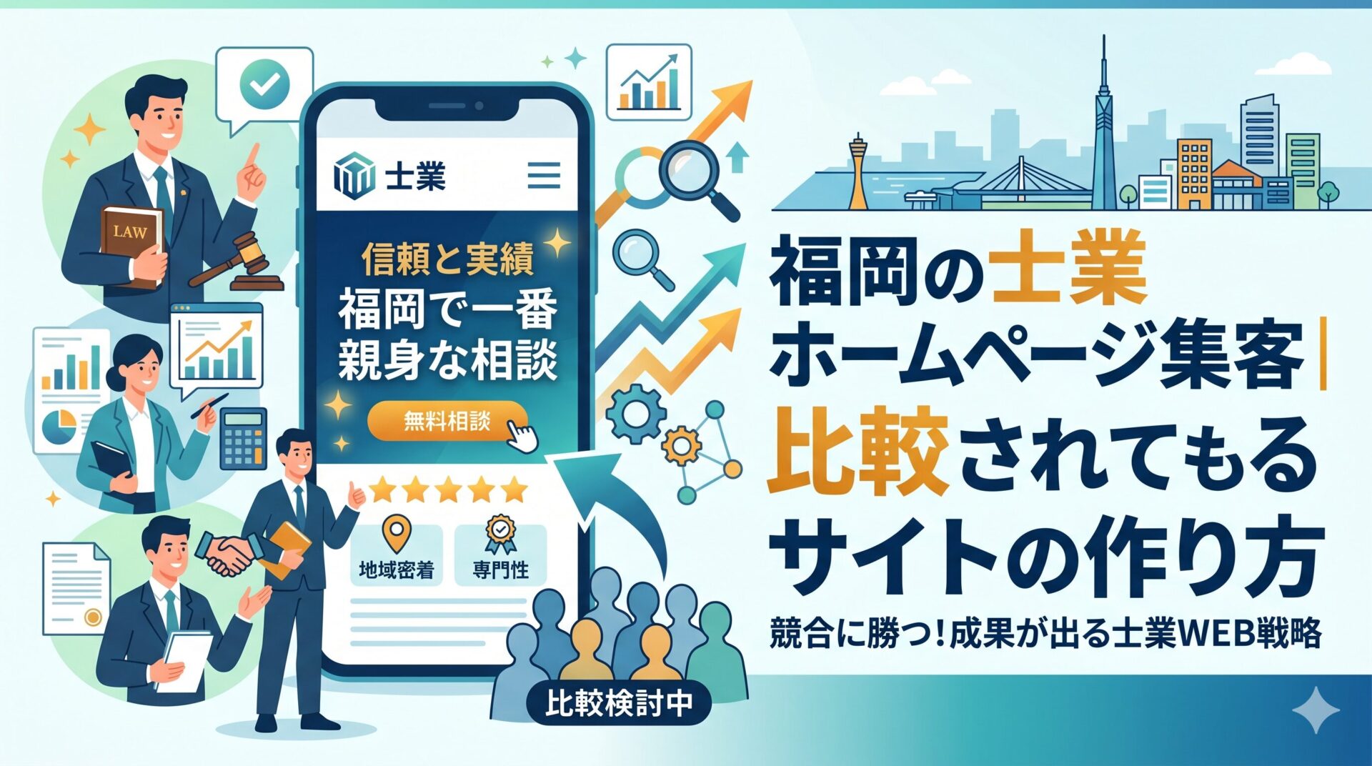 福岡の士業向けホームページ集客を解説するイラスト。弁護士・士業事務所のスマートフォンサイトと検索上位グラフ、無料相談ボタン、福岡の街並みを組み合わせた比較検討中の顧客に選ばれるWeb戦略イメージ