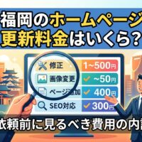 福岡のホームページ更新料金はいくら？依頼前に見るべき費用の内訳を図解したアイキャッチ画像。修正・画像変更・ページ追加・SEO対応の4項目と目安料金を一覧表示し、福岡タワーや福岡城を背景に、スーツ姿の男性がモニターを指し示している。