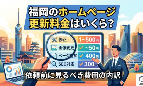 福岡のホームページ更新料金はいくら？依頼前に見るべき費用の内訳を図解したアイキャッチ画像。修正・画像変更・ページ追加・SEO対応の4項目と目安料金を一覧表示し、福岡タワーや福岡城を背景に、スーツ姿の男性がモニターを指し示している。