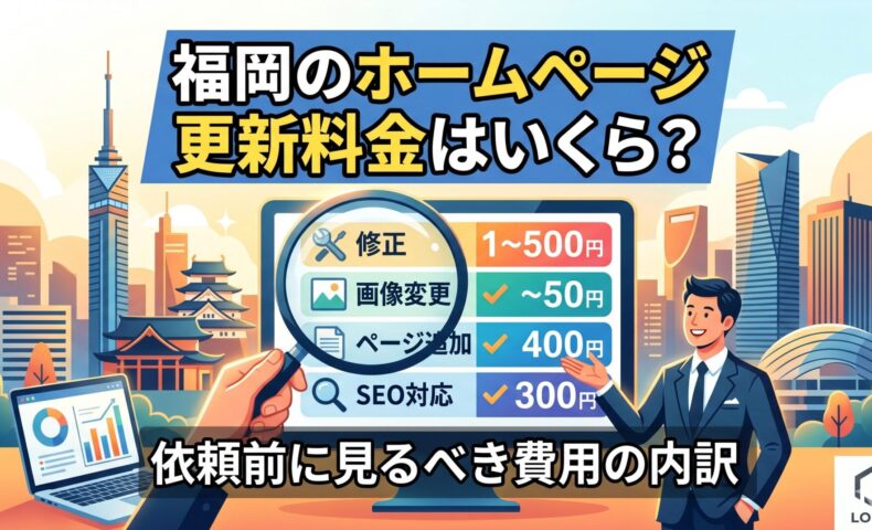福岡のホームページ更新料金はいくら？依頼前に見るべき費用の内訳を図解したアイキャッチ画像。修正・画像変更・ページ追加・SEO対応の4項目と目安料金を一覧表示し、福岡タワーや福岡城を背景に、スーツ姿の男性がモニターを指し示している。