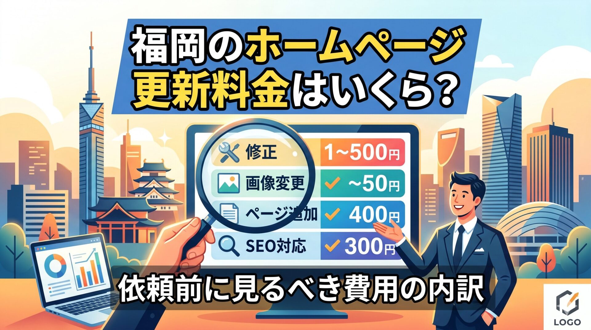 福岡のホームページ更新料金はいくら？依頼前に見るべき費用の内訳を図解したアイキャッチ画像。修正・画像変更・ページ追加・SEO対応の4項目と目安料金を一覧表示し、福岡タワーや福岡城を背景に、スーツ姿の男性がモニターを指し示している。