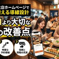 福岡の飲食店でスマートフォンのホームページ予約画面を確認する女性と、笑顔で食事を楽しむカップルの写真。「見た目より大切な3つの改善点」のテキストと、モバイル予約・明確な予約導線・信頼と情報の充実のアイコンを掲載したアイキャッチ画像。