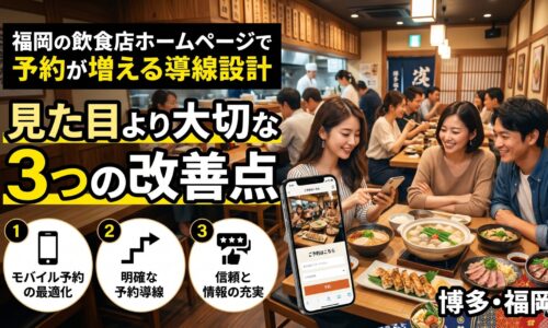 福岡の飲食店でスマートフォンのホームページ予約画面を確認する女性と、笑顔で食事を楽しむカップルの写真。「見た目より大切な3つの改善点」のテキストと、モバイル予約・明確な予約導線・信頼と情報の充実のアイコンを掲載したアイキャッチ画像。