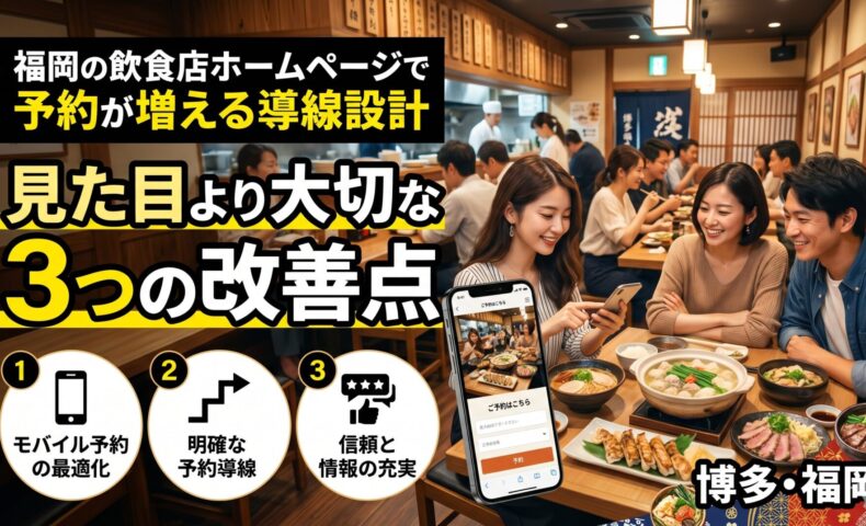 福岡の飲食店でスマートフォンのホームページ予約画面を確認する女性と、笑顔で食事を楽しむカップルの写真。「見た目より大切な3つの改善点」のテキストと、モバイル予約・明確な予約導線・信頼と情報の充実のアイコンを掲載したアイキャッチ画像。