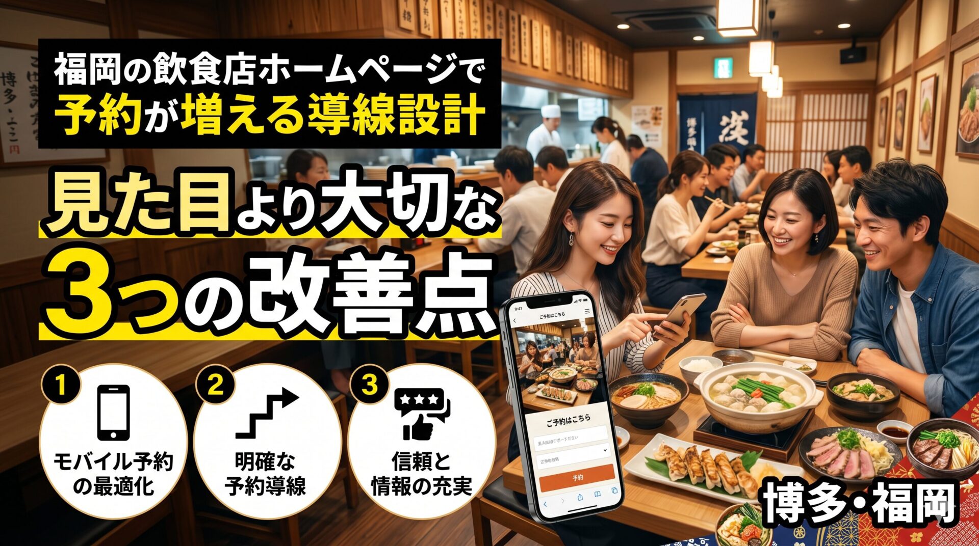 福岡の飲食店でスマートフォンのホームページ予約画面を確認する女性と、笑顔で食事を楽しむカップルの写真。「見た目より大切な3つの改善点」のテキストと、モバイル予約・明確な予約導線・信頼と情報の充実のアイコンを掲載したアイキャッチ画像。