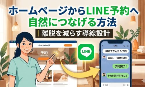福岡のサロンスタッフがホームページの予約ボタンを指し示し、LINEアプリへ自然につながる導線設計を図解したイメージ画像